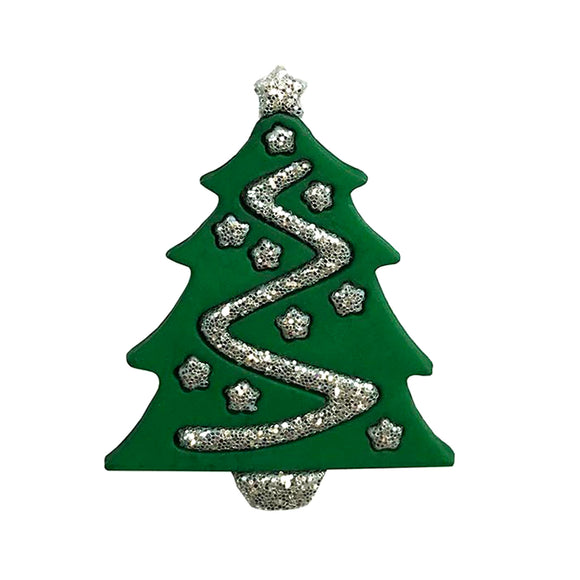 Glitter Christmas Tree Button – Green Tree with Silver Garland & Stars - SB108